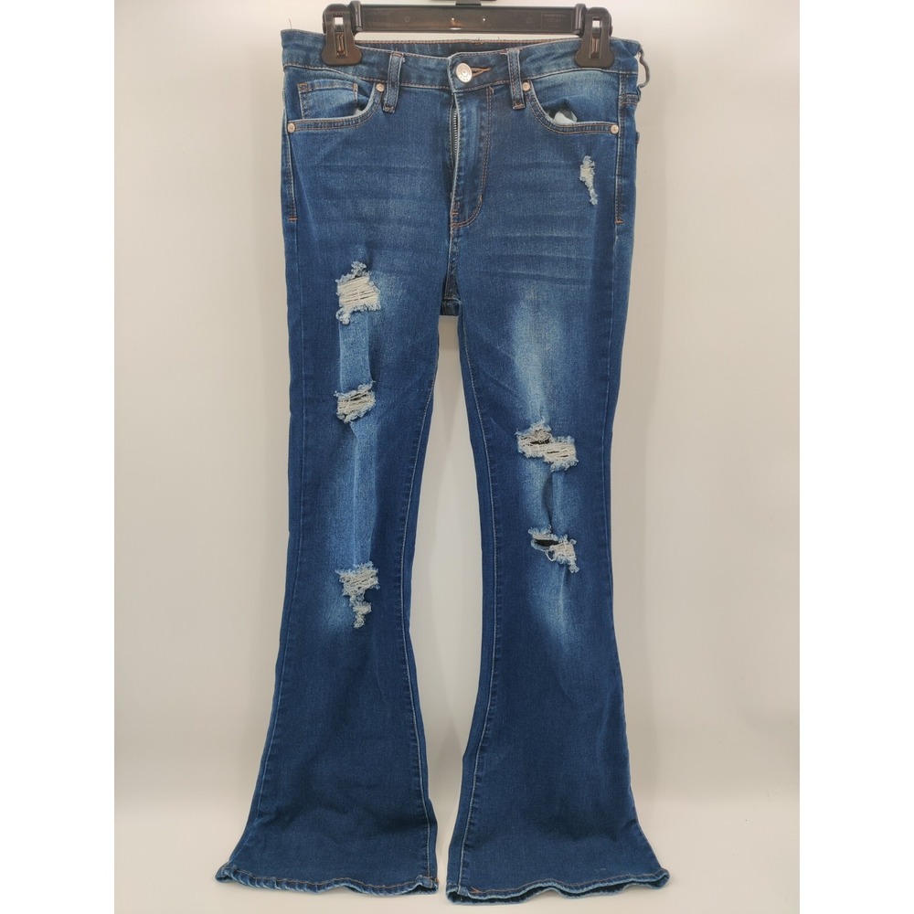 Almost Famous Womens Distressed Flare Jeans Medium Wash Blue Size 5 Ripped Denim